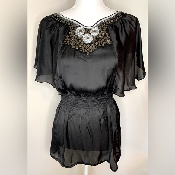 NWT Lucy Paris Embroidered Boho Top Blouse Women Medium Black - Picture 1 of 7